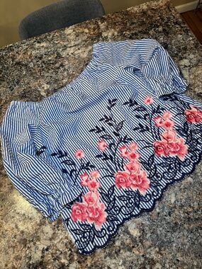 Elle Blue & Pink Striped Off-Shoulder Embroidered Blouse